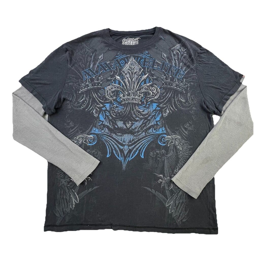 MMA Elite T-Shirt XL Boxing UFC Affliction Black Long Sleeve Waffle Thermal